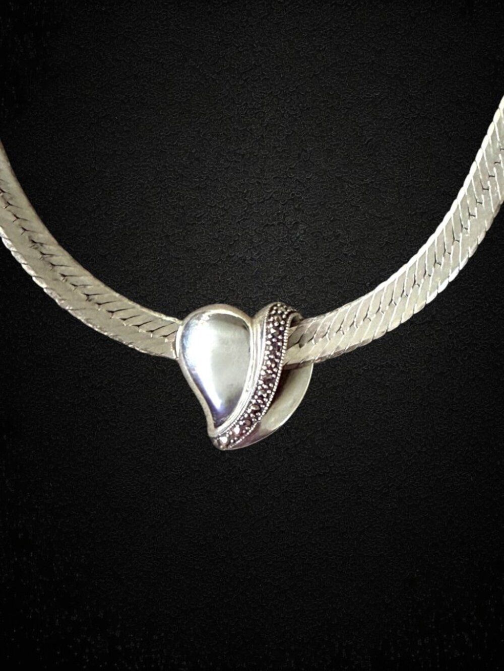 Vintage 925 Sterling Silver Marcasite Heart Slide Pendant Enhancer 5.2g - Picture 6 of 7
